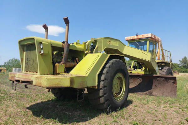 The Heavy Construction Heritage Society's rare 1970s RayGo Giant motor grader runs on two 318-horsepower Detroit diesels, front and back, and weighs over 50 tons.