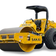 Yellow and black SAKAI vibratory road roller compactor with operator cabin and large drum roller