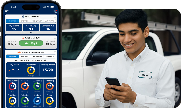 Young male employee in white uniform checking smartphone next to white vehicle, with driving performance app dashboard displayed on left screen
