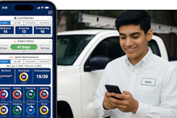 Young male employee in white uniform checking smartphone next to white vehicle, with driving performance app dashboard displayed on left screen