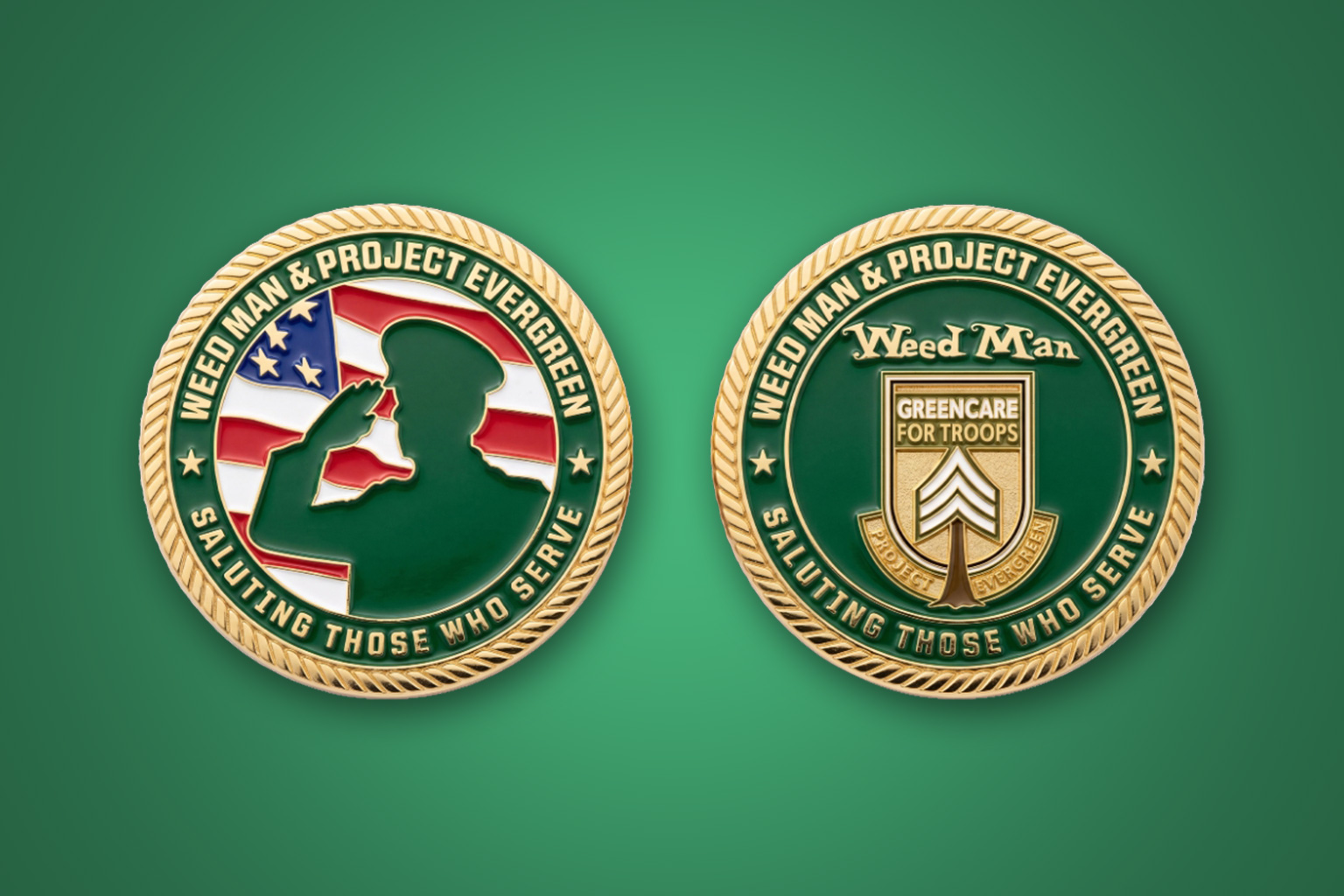 Two military challenge coins featuring Weed Man and Greencare for Troops emblems on green background