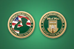 Two military challenge coins featuring Weed Man and Greencare for Troops emblems on green background