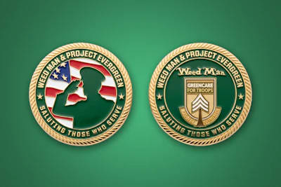 Two military challenge coins featuring Weed Man and Greencare for Troops emblems on green background