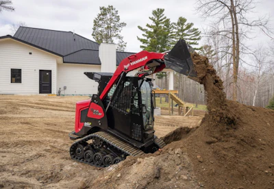 Yanmar's new TL50RP is equipped with ASV Posi-Track, noted with side logo. Yanmar acquired ASV and is phasing out the brand's CTLs under a 'One Yanmar' strategy for North America but is keeping the Posi-Track undercarriage and paying homage to the company with the logo.