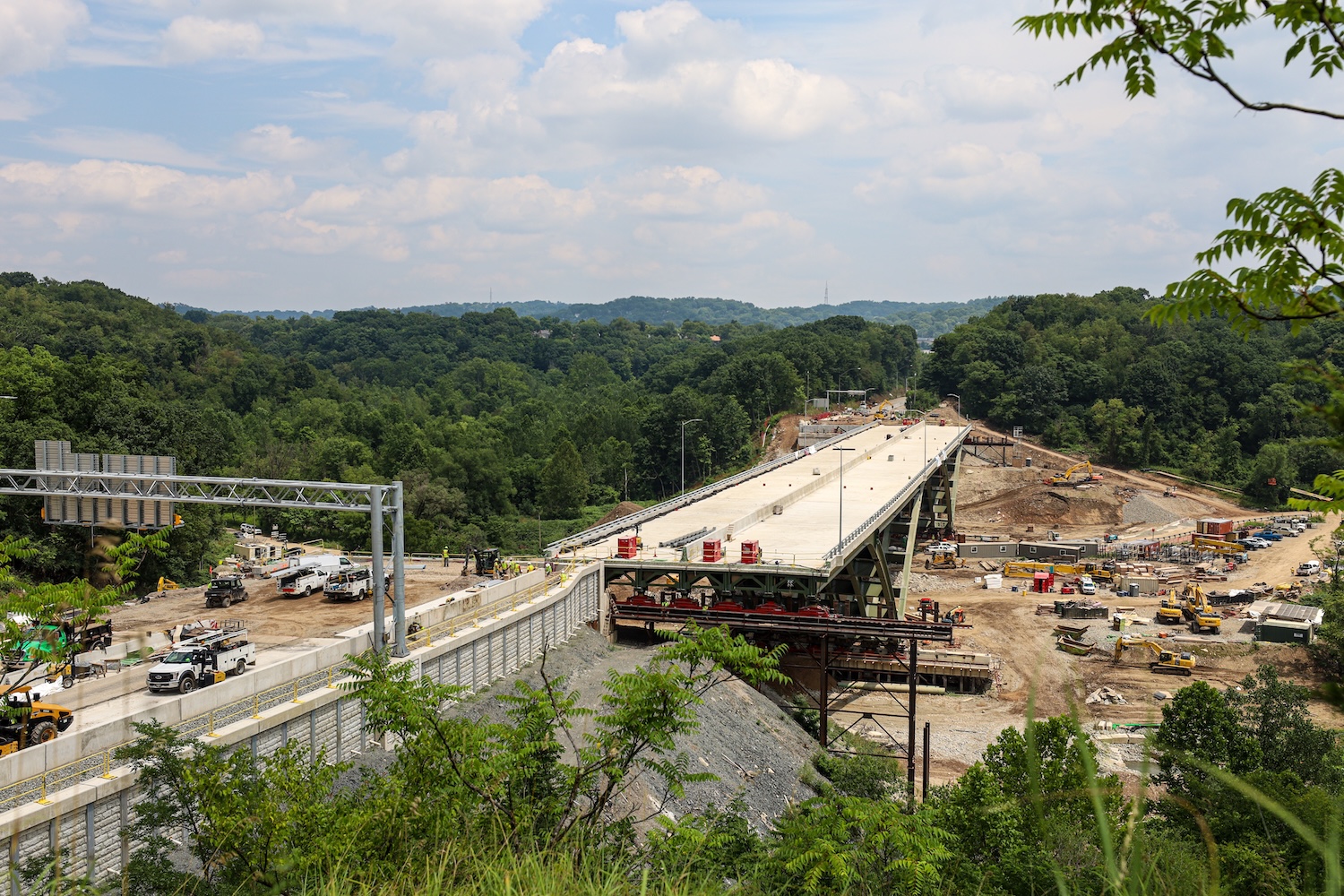 The I-376 Commercial Street Bridge in Pittsburgh slides to its new home.