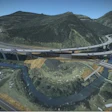 Aerial view rendering of the future I-70 Floyd Hill Project modern elevated highway interchange spanning a river bend through forested mountains
