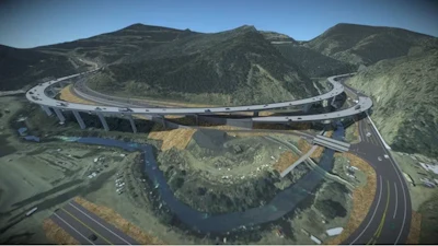 A rendering of the future I-70 Floyd Hill Project I-70 alignment looking south, with westbound I-70 braiding over eastbound I-70 at the bottom of Floyd Hill.