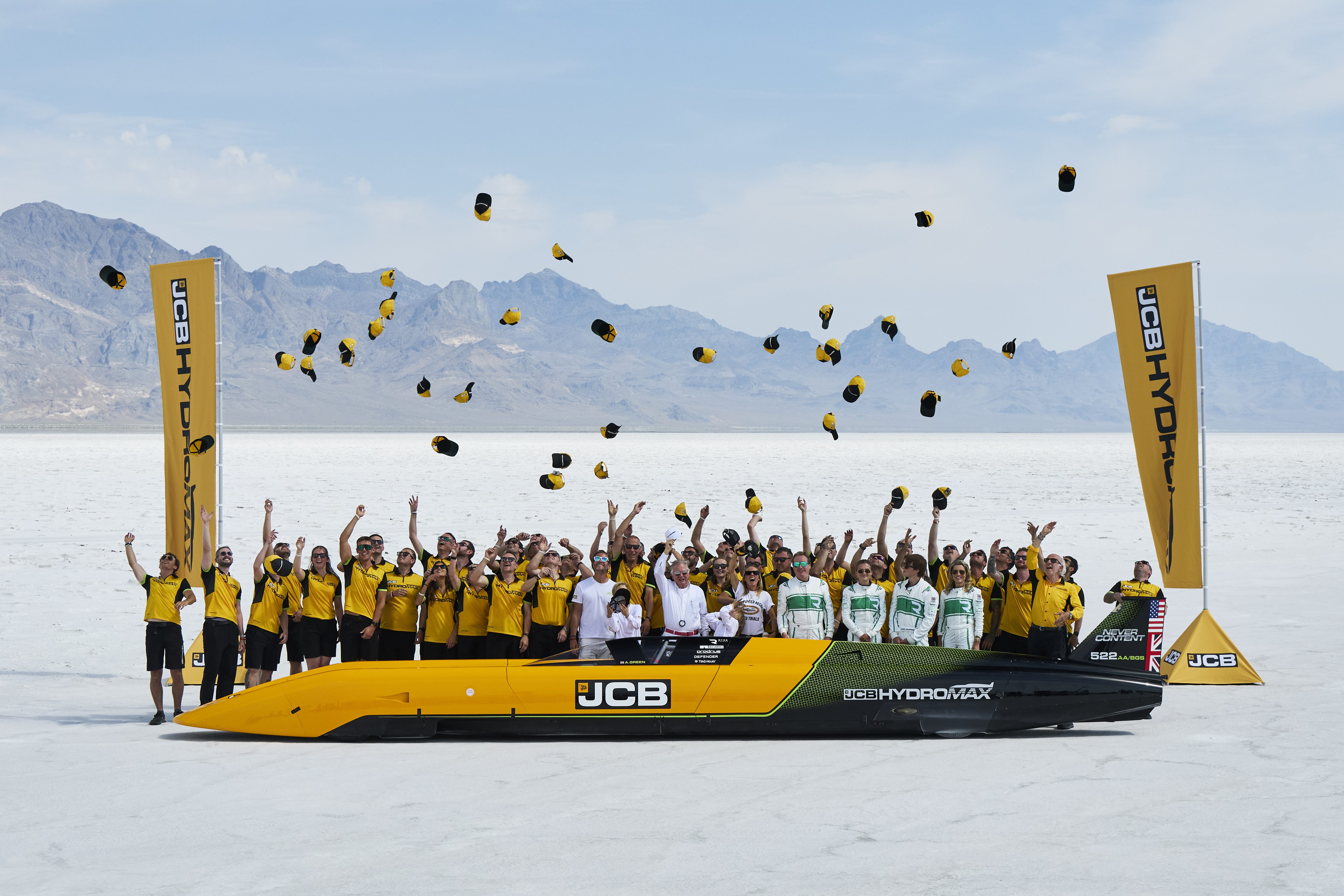 JCB celebrates the world land-speed record set August 11 at Bonneville Salt Flats in Utah by its Hydromax car powered by hydrogen combustion engines totaling 1,600 brake horsepower.