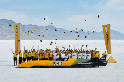 JCB celebrates the world land-speed record set August 11 at Bonneville Salt Flats in Utah by its Hydromax car powered by hydrogen combustion engines totaling 1,600 brake horsepower.