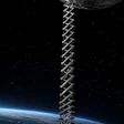 Conceptual space elevator extending from Earth to the Moon with yellow platform and metallic lattice structure against starry space backdrop