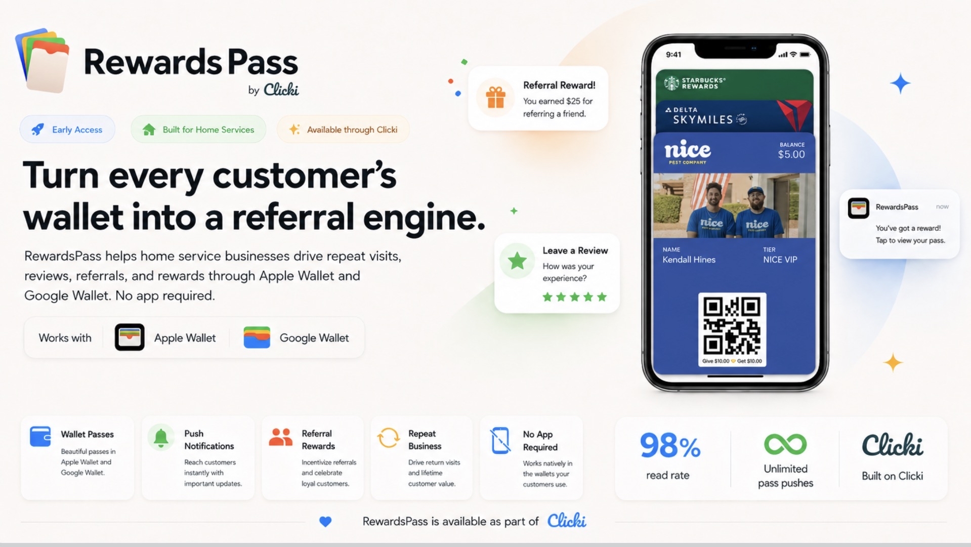 Rewards Pass by Chloe referral rewards program displayed on iPhone showing digital wallet passes and QR code for home services