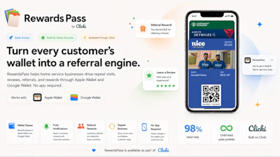 Rewards Pass by Chloe referral rewards program displayed on iPhone showing digital wallet passes and QR code for home services
