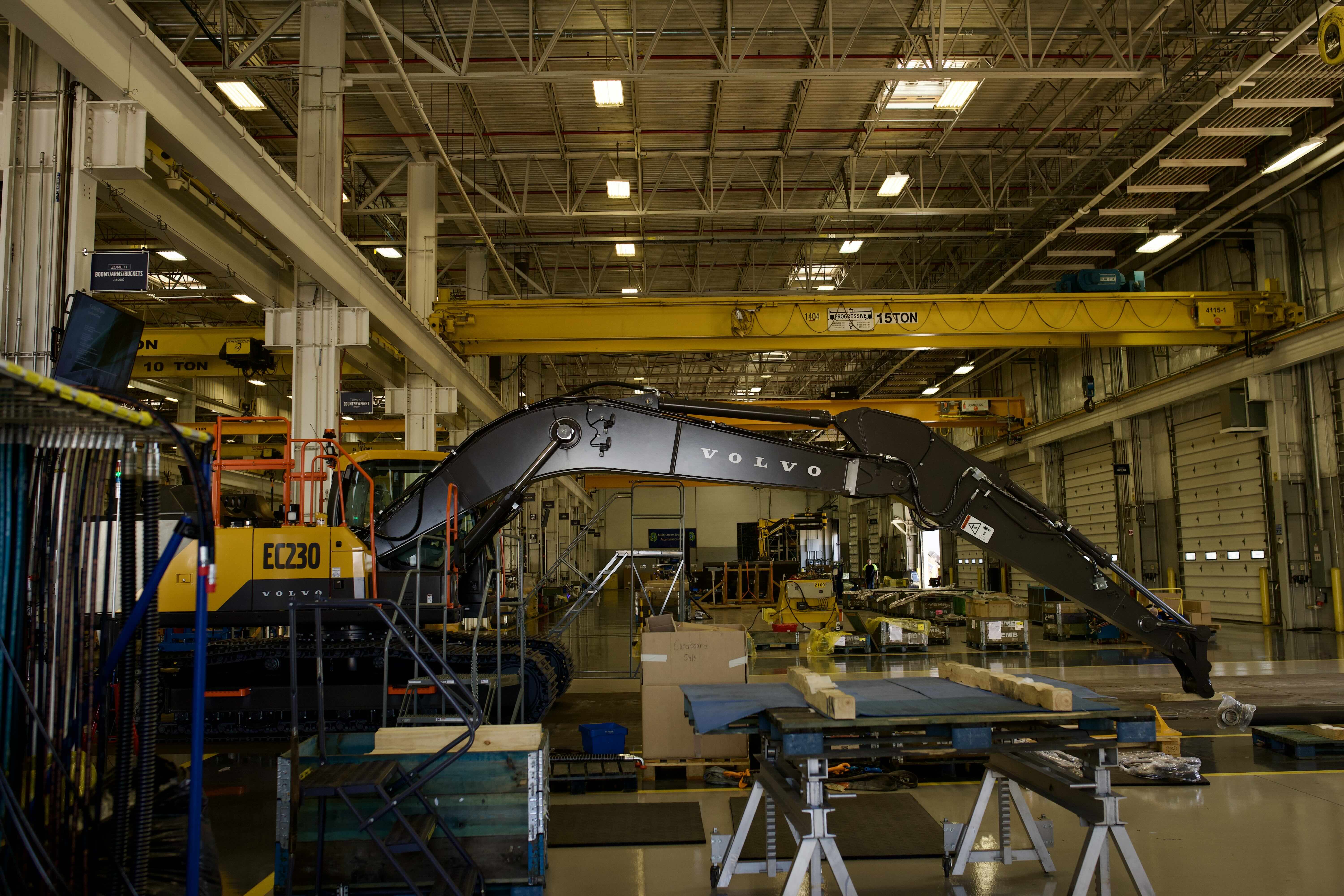 One of the first new EC230 excavators rolls off the line at Volvo's plant in Shippensburg, Pennsylvania.