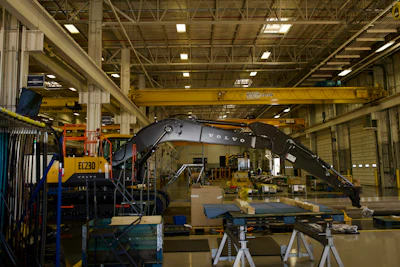 One of the first new EC230 excavators rolls off the line at Volvo's plant in Shippensburg, Pennsylvania.