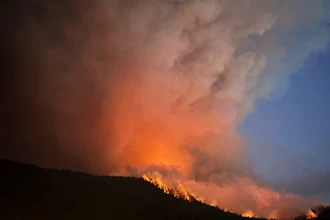 A view of the Wrights Spring Fire burning southeast of Chiloquin in Klamath County, Oregon.