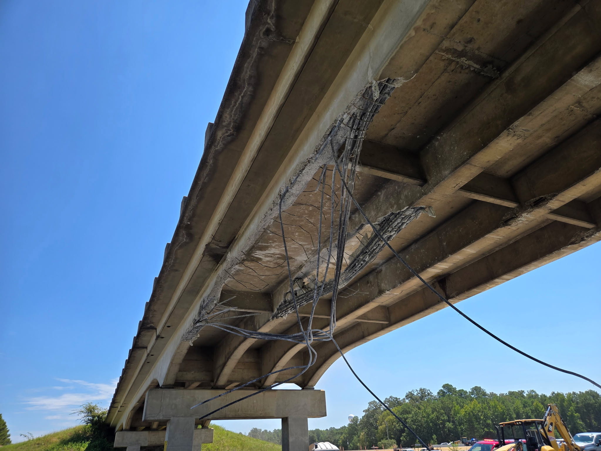 The damaged CR-87 bridge after being struck August 25 by an excavator being hauled on I-65 in Shelby County, Alabama.