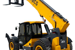 AXCS yellow and black telehandler boom lift with extended arm and pallet forks on white background