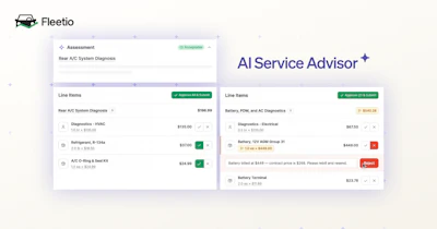 Fleetio fleet management software dashboard showing vehicle diagnostics and service advisor assessments