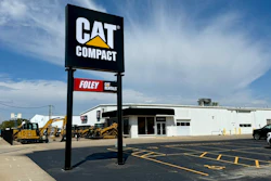 CAT Compact and Foley Equipment Rentals storefront with yellow construction equipment in parking lot