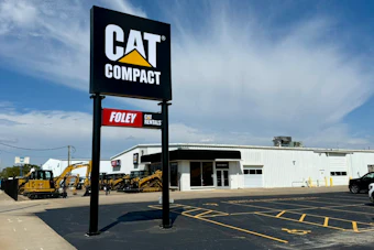 CAT Compact and Foley Equipment Rentals storefront with yellow construction equipment in parking lot