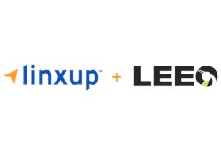 Linxup and LEEO partnership logo combining blue arrow icon with black text and yellow circular element