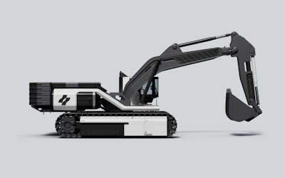 Lumina Bladerunner tracked excavator with articulated boom and bucket attachment on neutral background