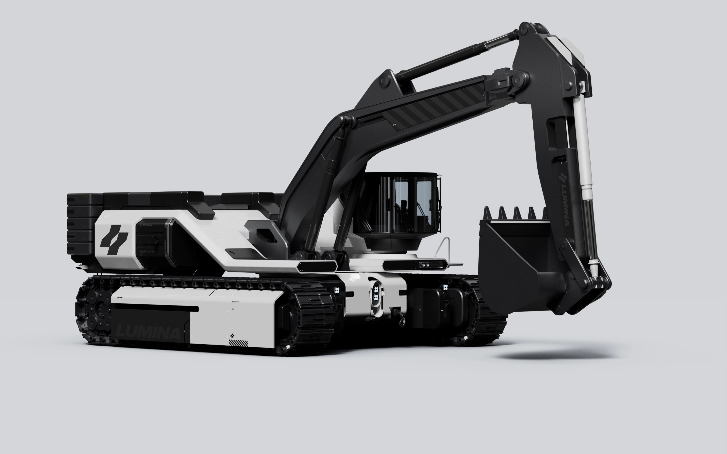 White and black Lumina Bladrunner tracked excavator with extended boom and bucket on gray background