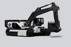 White and black Lumina Bladrunner tracked excavator with extended boom and bucket on gray background
