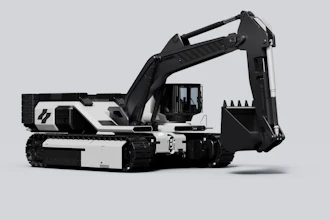 White and black Lumina Bladrunner tracked excavator with extended boom and bucket on gray background