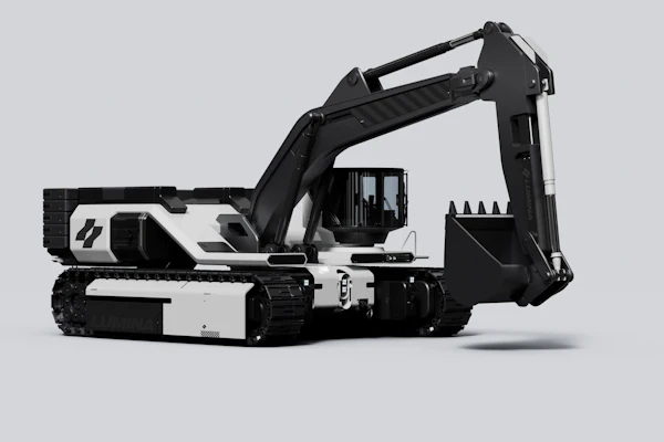 White and black Lumina Bladrunner tracked excavator with extended boom and bucket on gray background