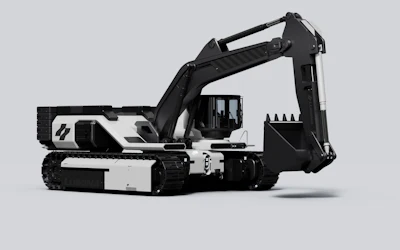 White and black Lumina Bladrunner tracked excavator with extended boom and bucket on gray background