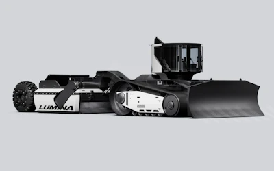 Lumina black and white moonlander dozer and scraper with enclosed cabin and front plow blade