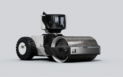 3D rendering of a black and white Lumina Roadrunner compactor with pneumatic tire and metal drum