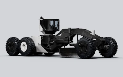 Black Lumina Roadrunner motor grader with large tires and front blade attachment on gray background