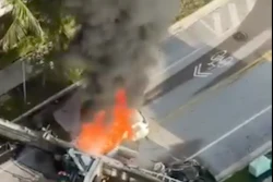 When this piling rig tipped over September 14 in Miami, it landed on the front of a white BMW causing the SUV to burst into flames. The quick-thinking driver was able to scramble out the back. Two parked vehicles were crushed. The rig operator, two construction workers and the SUV driver were treated for minor injuries.