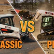 Bobcat Classic vs Pro skid steer loaders comparison showing wheeled and tracked models in construction settings