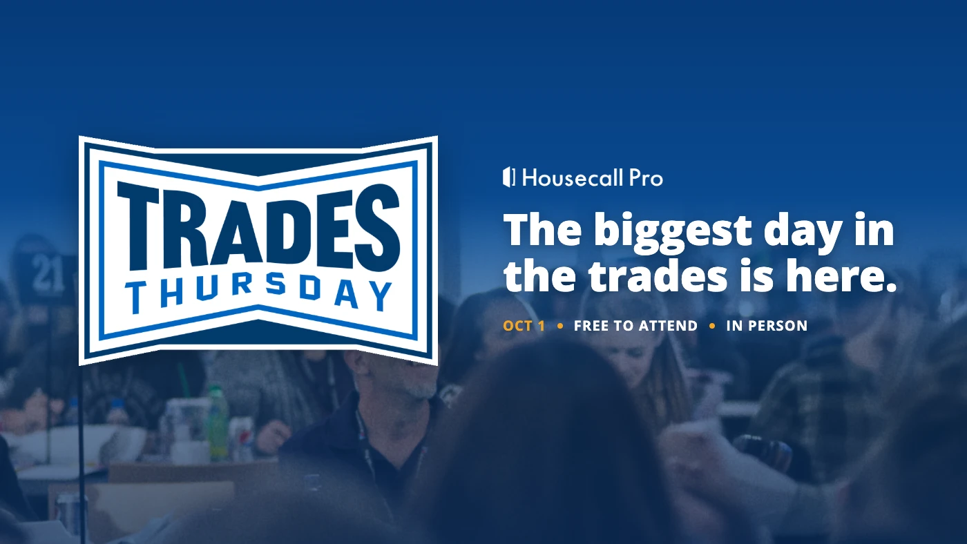 Trades Thursday event promotion by Housecall Pro featuring blue badge logo with event details for October 1st