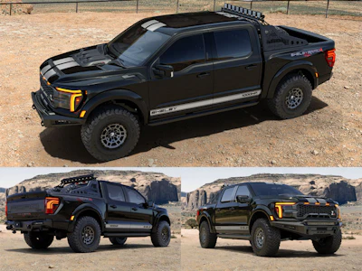 Black Ford F-150 Shelby pickup truck with white racing stripes and orange accents shown from multiple angles in desert landscape