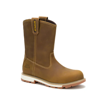 Brown leather work boot with white sole and pull-on tab design