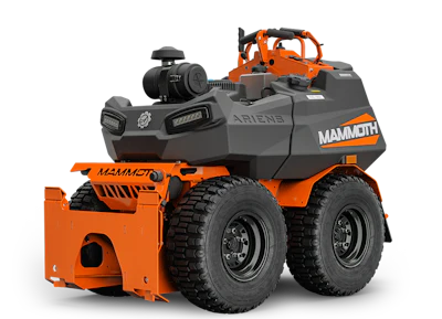 Orange and gray Mammoth toy snow blower with large treaded wheels and articulated cabin