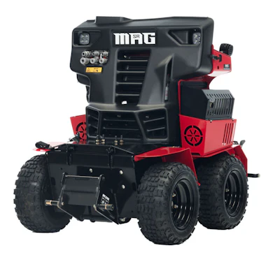 MAG SR red and black ride-on floor scrubber machine with large black tires and control panel