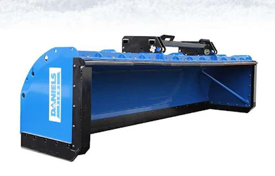 Blue and black BUYERS snow plow spreader attachment with hopper and hydraulic controls