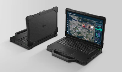 Dell Latitude rugged laptop shown in closed and open positions with mapping software displayed on screen