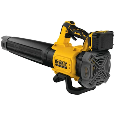 DeWALT yellow and black cordless leaf blower with battery pack and shoulder strap