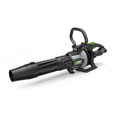 EGO Power+ cordless leaf blower with black housing, dual handles, and lime green accents