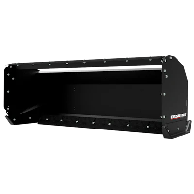 Black ERSKINE snow plow pusher attachment with white horizontal blade and metal frame construction