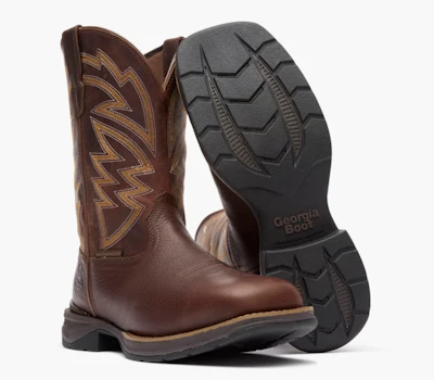 Brown leather cowboy boot with decorative gold stitching and black Georgia Boot sole