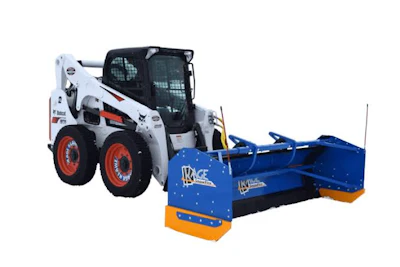 White and red Bobcat skid steer loader with blue and orange BOSS snow plow attachment for winter road clearing