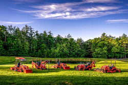 Red farm equipment and machinery lined up in a sunny green field with forest backdrop