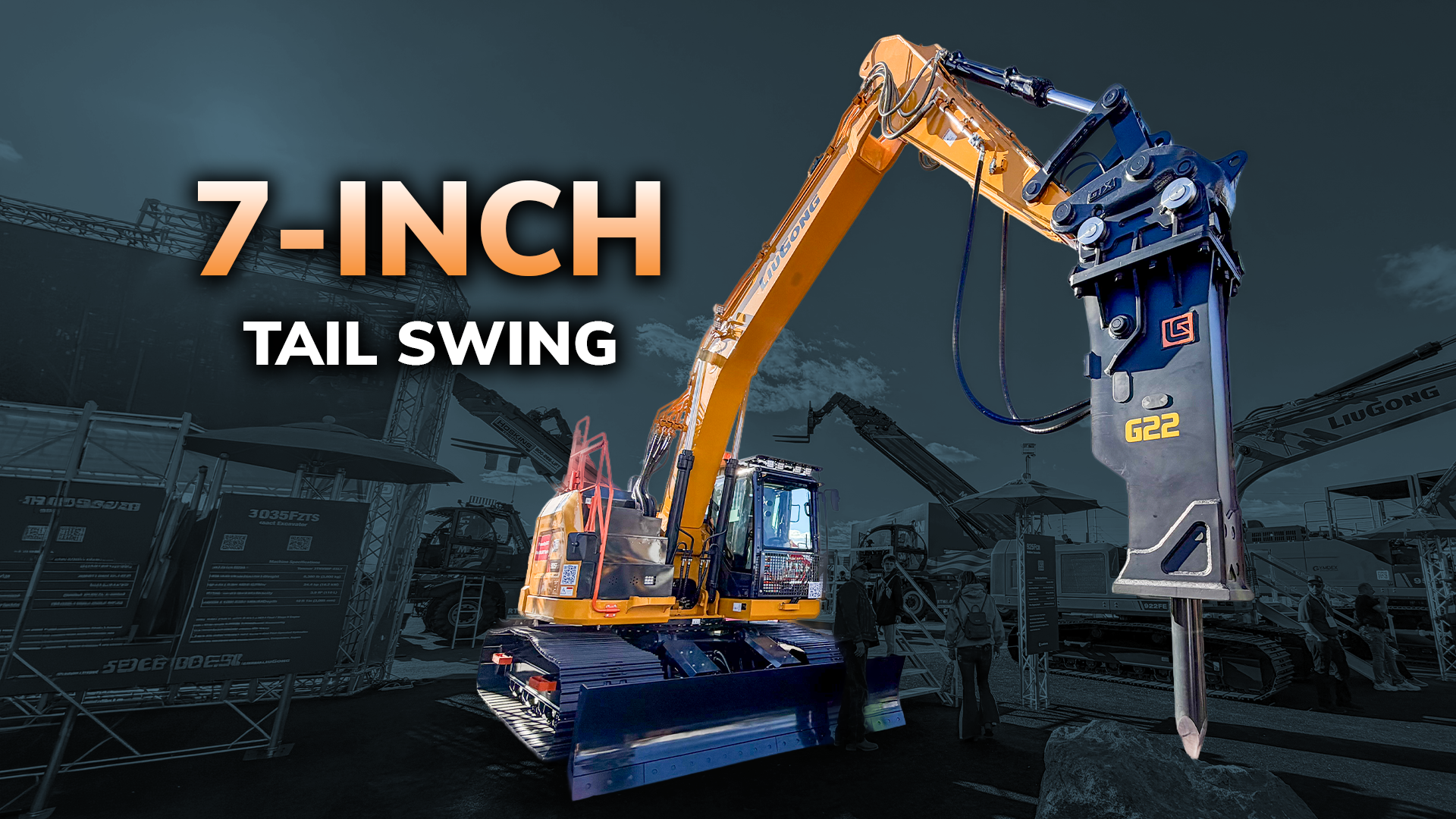 Yellow and blue hydraulic excavator with 7-inch tail swing attachment on industrial jobsite